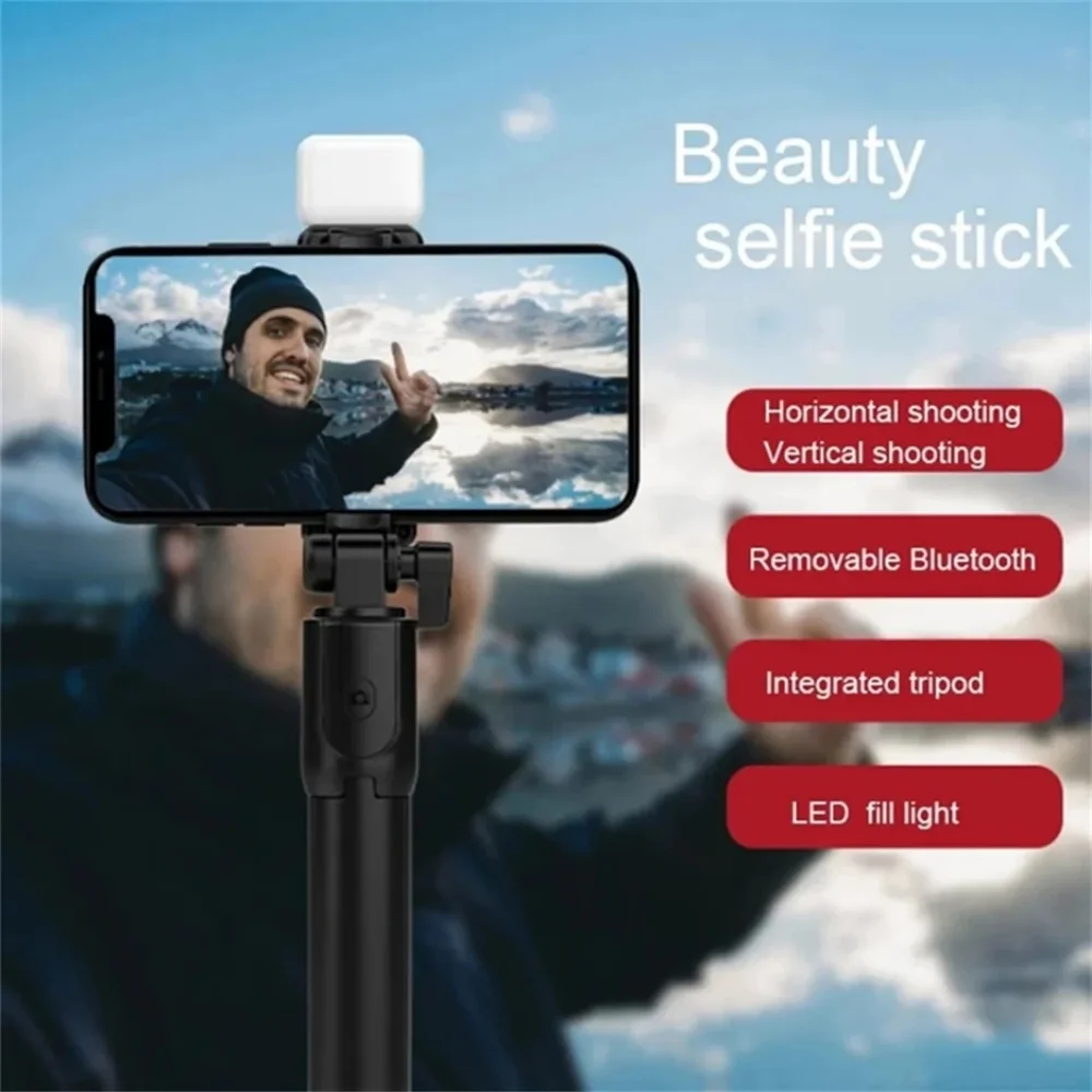 Adjustable length selfie stick with light and remote
